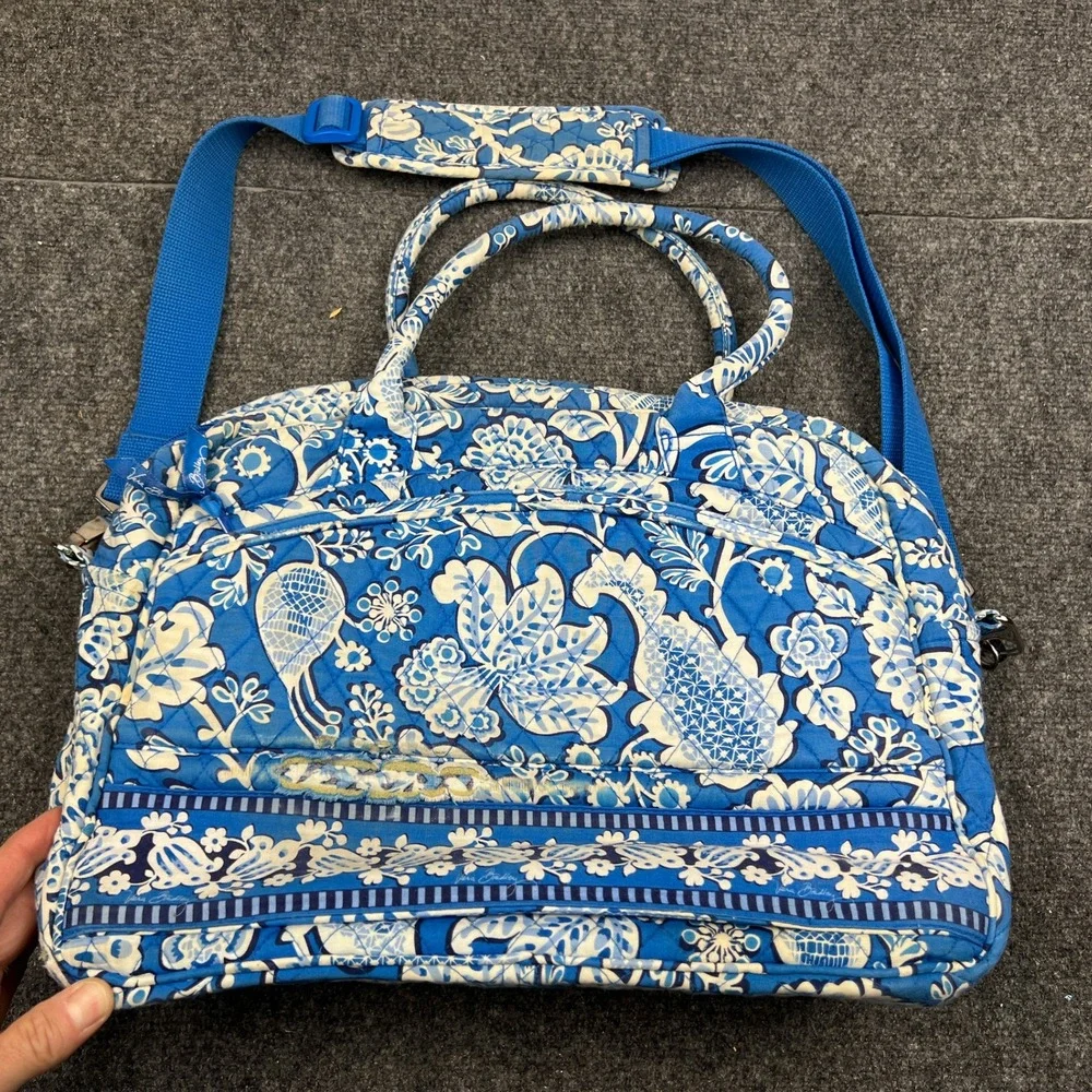 Vera Bradley Blue Floral Quilted Laptop Travel Bag Shoulder Strap 16x12x6